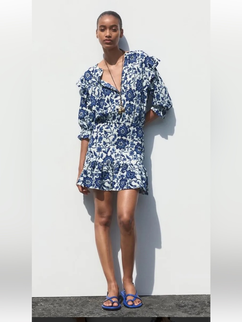 Zara Blue and White Floral Swim Coverup Dress